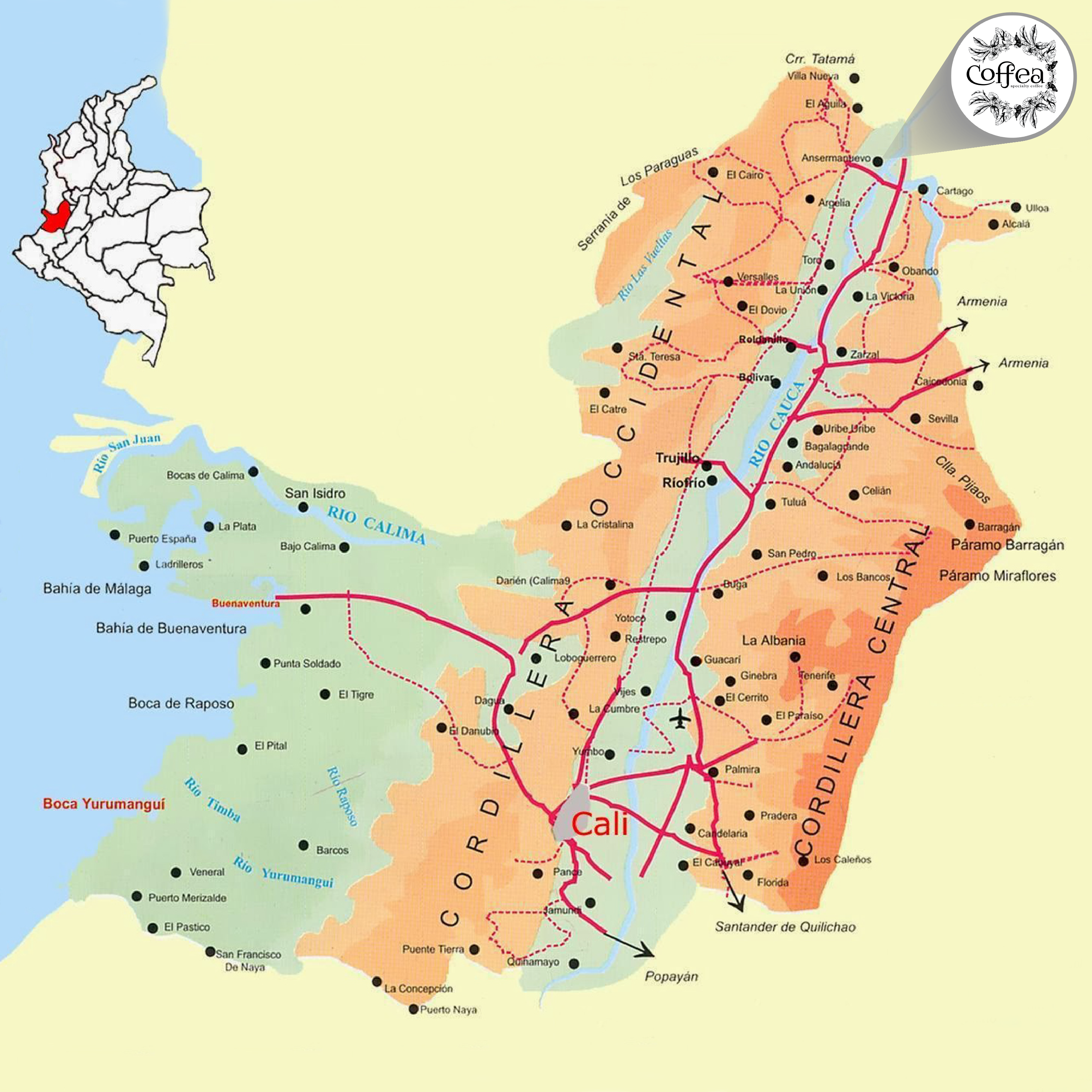 A map of Valle de Cauca, Colombia with Coffea Specialty Coffee logo.