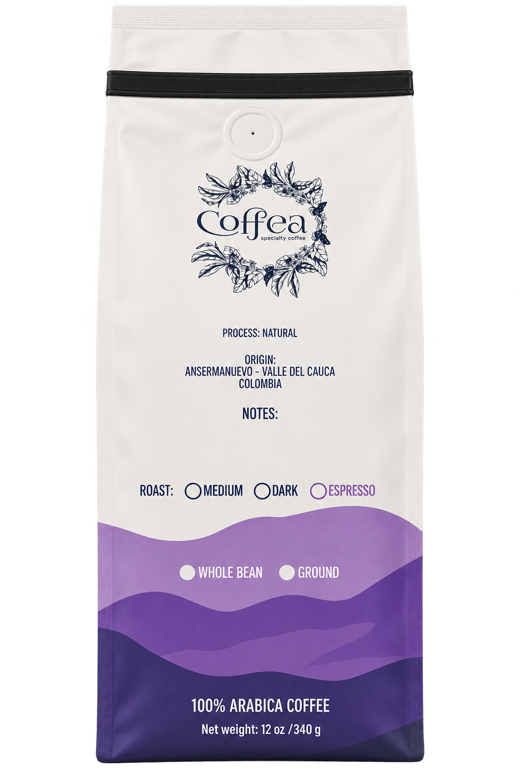 Bag of Coffea Natural single-origin Colombian specialty coffee beans, available in whole bean and ground.