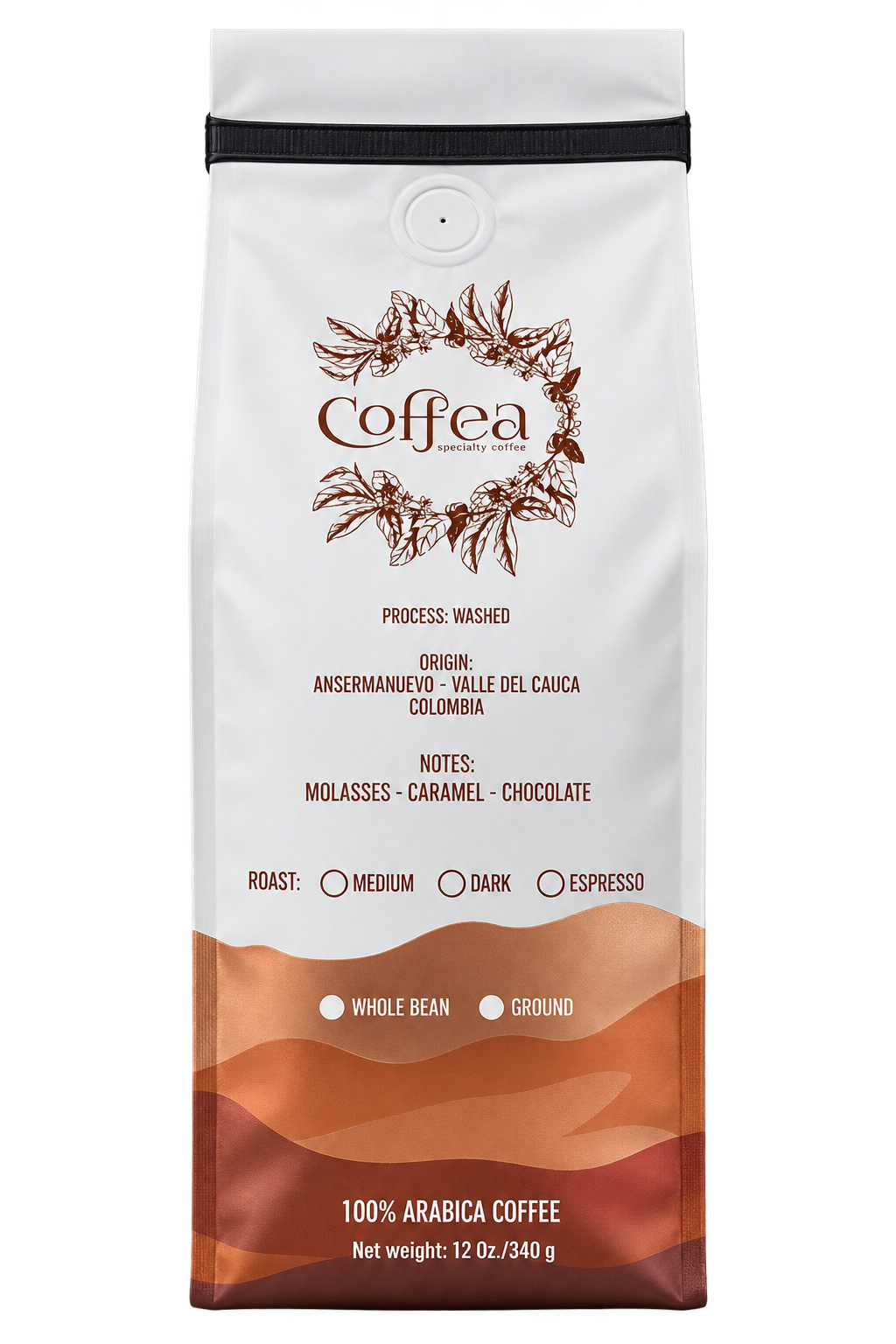Bag of Coffea Washed single-origin Colombian specialty coffee beans, available in whole bean and ground.