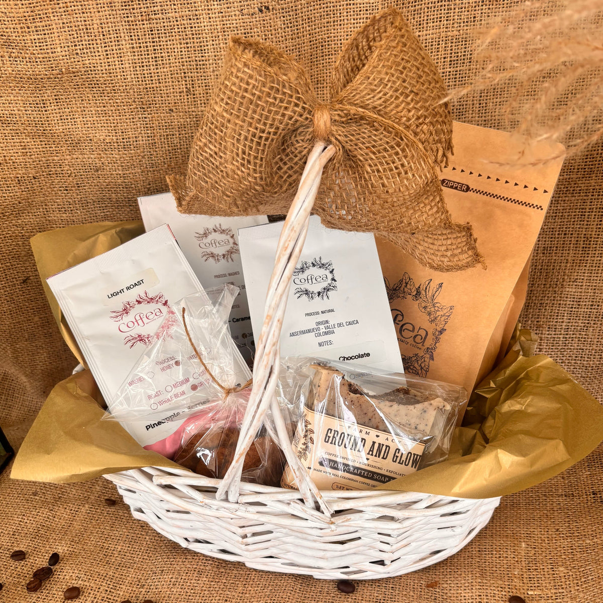 Coffea Specialty Coffee gift basket filled with delicous treats.